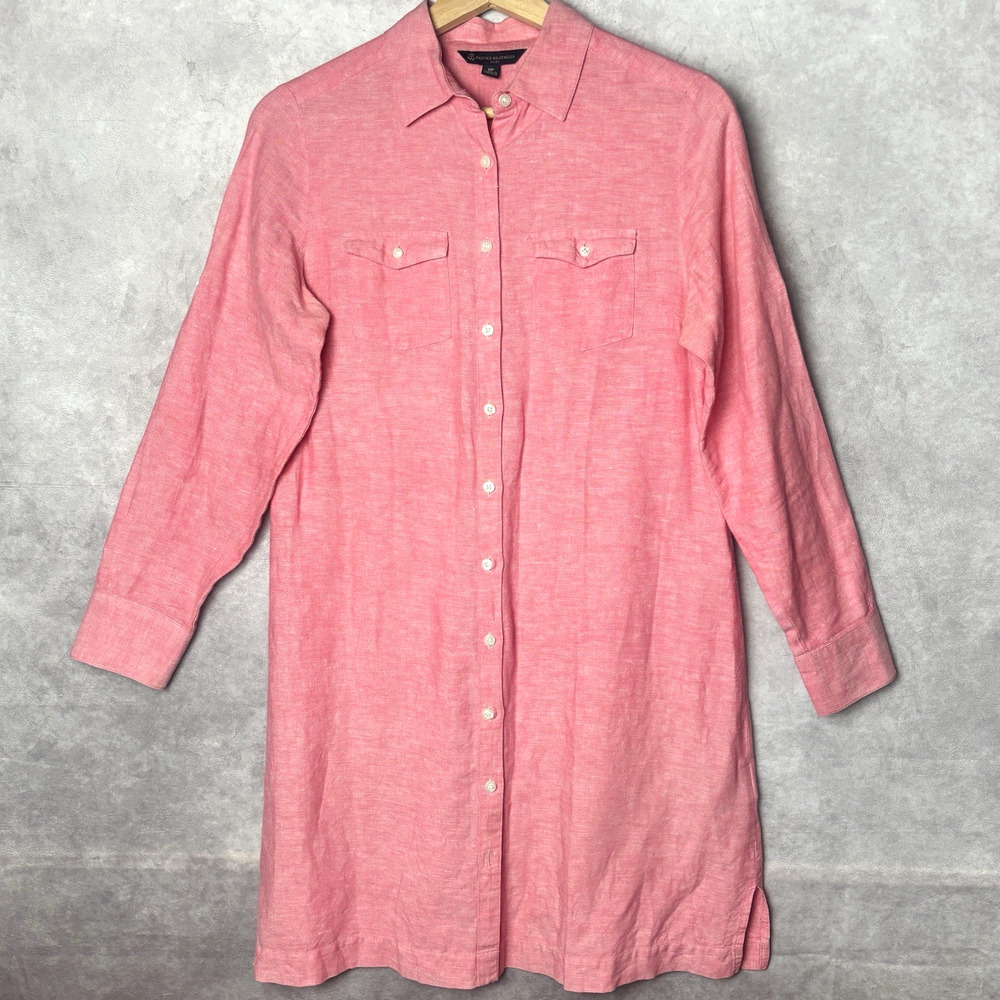 Brooks Brothers Womens 100% Linen Button Up Tunic Pink Lagenlook Sz 8 Petite